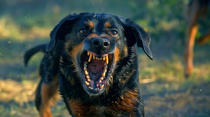 An aggressive dog growling and attacking, a dangerous dog showing it's teeth.