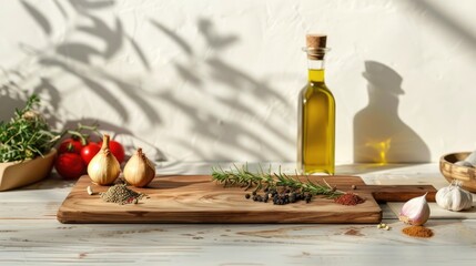 Cutting board displayed with olive oil and spices on table by white wall Design banner