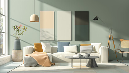 Living room interior. A minimalist artwork using Seafoam Green, Light Sand, Midnight Black, and Bright White. Highlights color contrast and harmony, suitable for contemporary visual projects.