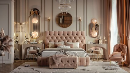 Chic European bedroom showcasing a tufted bed, gold accents, and a stylish vanity set against a backdrop of pastel-colored walls