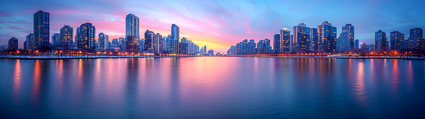 Tranquil Urban Oasis: City Lights Reflecting on River Waters