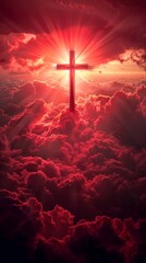 Fototapeta premium Cross glowing in dramatic red sunset sky with clouds, religious concept