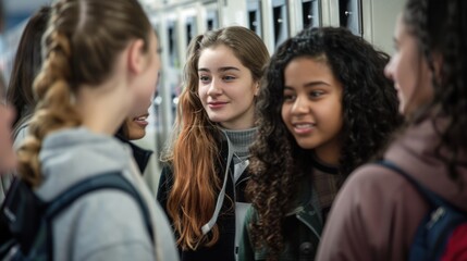 Obraz premium A group of female students stood and talked near the lockers. Pick up things at school