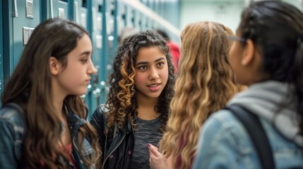 Obraz premium A group of female students stood and talked near the lockers. Pick up things at school