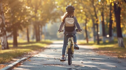 Little girl rides a bicycle with a backpack to school on the first day of school.