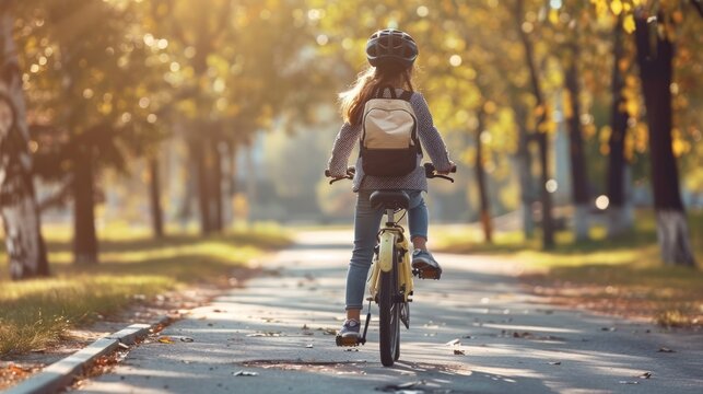 Little girl rides a bicycle with a backpack to school on the first day of school.