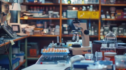 The biology lab has a microscope. Other equipment is placed on tables and equipment shelves.