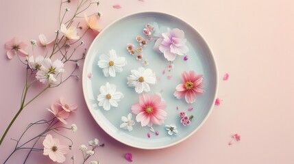 Zen concept illustrated by plate adorned with lovely flowers on a pale backdrop