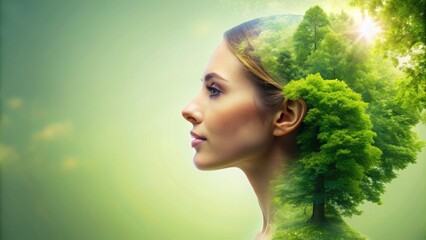 Translucent profile of a young woman among green trees, symbolizing unity with nature , nature, woman, profile, green, trees