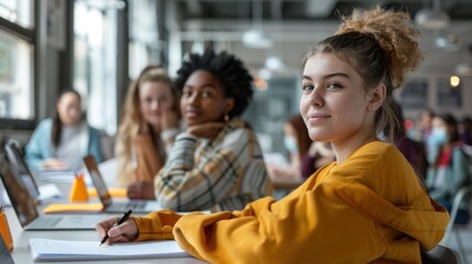 Obraz premium Multi ethnic teenager students taking exam at High School Technical preparation course for University. Creative Banner. Copyspace image