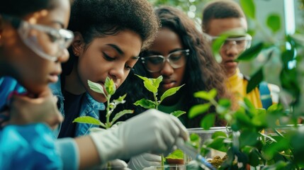Obraz premium A group of high school students in a science lab working on plant growth
