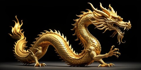 Fototapeta premium Full body gold dragon in a majestic bend body pose, rendered in with an alpha path , gold dragon, bend body