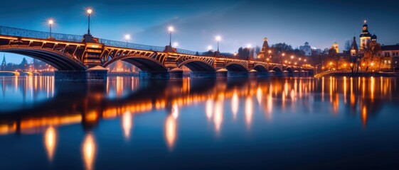 Fototapeta premium Stunning Night View of Illuminated Bridge Reflecting on Calm River with Cityscape in Background