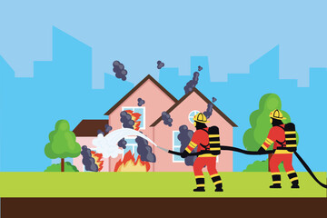 Firefighters with firefighting equipment concept. Colored flat vector illustration isolated.