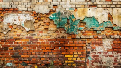Fototapeta premium Old weathered brick wall with peeling paint and graffiti , grunge, background, texture, urban, vintage, aged, worn, decay