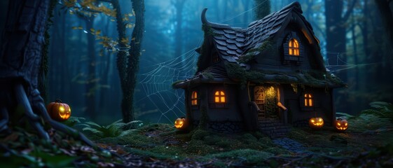 Enchanted Forest Cottage with Glowing Jack-o'-Lanterns and Spider Webs on a Mystical Night