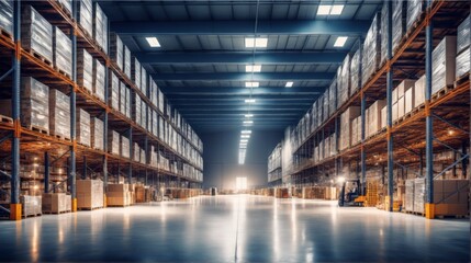 Fototapeta premium A large warehouse large warehouse rows shelves both sides are fi