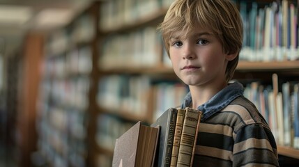 A handsome young man holds a book in the university library.