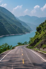 Realistic image of an empty road in front of a mountain view. and blue sea
