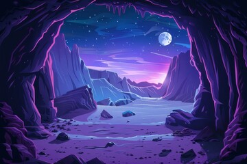 Mystical Cave Entrance to a Desert Landscape with Rocky Mountains Under a Purple Night Sky