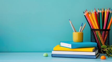Fototapeta premium Colorful books and pencils are placed on a classroom table against a blue background.