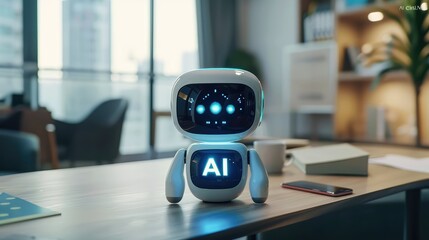 A small white robot with a blue glowing AI inscription stands on a table in a modern office