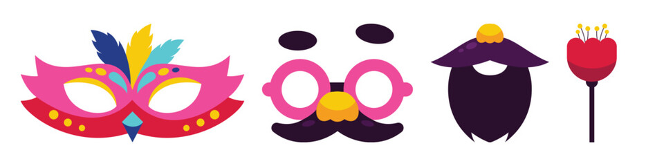 A set of colorful masquerade party accessories, including a mask, glasses, a mustache, a beard, and a flower.