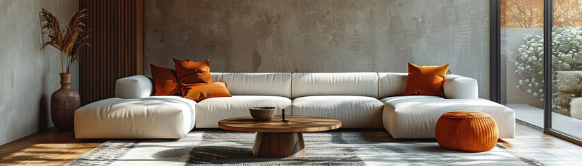 Modern living room with a minimalist sofa large abstract painting and floortoceiling windows neutral tones natural light digital art