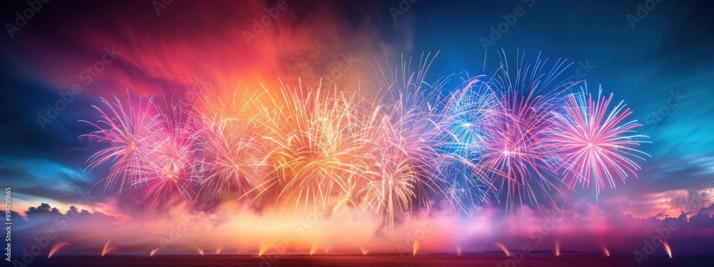 Poster fireworks synchronized with a light show on a river, fireworks, synchronized show