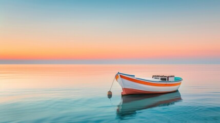Naklejka premium Fishing boat anchored near a quiet beach at dawn, peaceful and traditional.