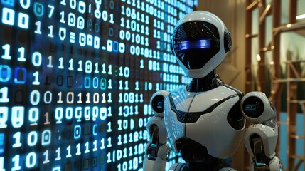 A humanoid robot stands before a wall of glowing binary code a futuristic representation of artificial intelligence