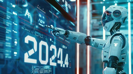 A futuristic robot with its robotic arm outstretched interacts with a digital interface displaying the year 224