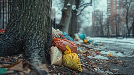 Neglecting Nature: Close-up of Tree Surrounded by Trash Bags in Public Space | Canon 5D III