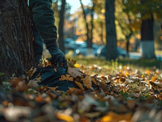 Fototapeta premium Environmental Stewardship: Person Cleaning Garbage Bags Around Tree | Canon 5D III Shot