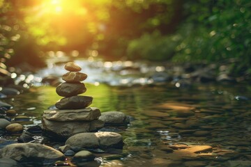 Concept of Nature Boosts Mental Health, Stones stacked along the stream, Generative AI