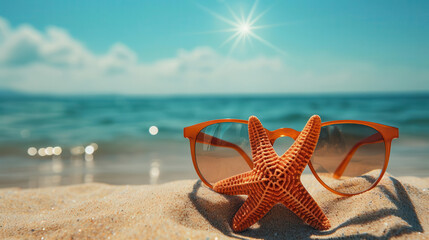 Beach scene with starfish and sunglasses, glistening ocean waves, bright and warm tones, digital art, emphasizing a playful and relaxed vacation atmosphere.