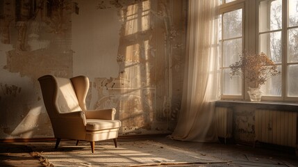Cozy chair by window with sunbeams.