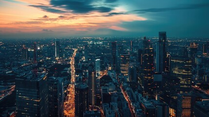 An aerial view of a city skyline at dusk, with buildings bathed in the soft glow of streetlights and a colorful sunset painting the sky