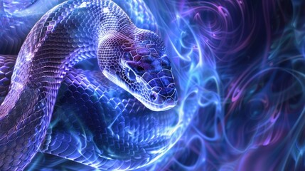 A snake, rendered in vibrant blue hues, winds itself through swirling, ethereal energy, its gaze fixed on the viewer with an air of both mystery and power