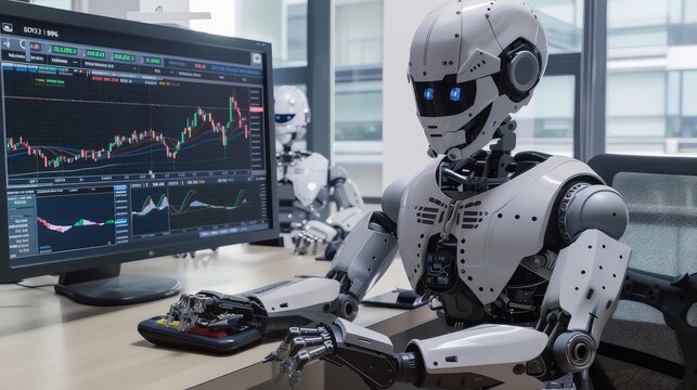 A humanoid robot analyzes financial data on a computer screen in a modern office setting