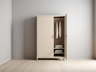 A Simple minimalistic cupboard placed in a room with plain wall and copy space
