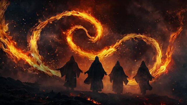 Shadrach, Meshach, and Abednego in the fiery furnace, depicted within a swirling nebula, highlighting their faith amidst trials