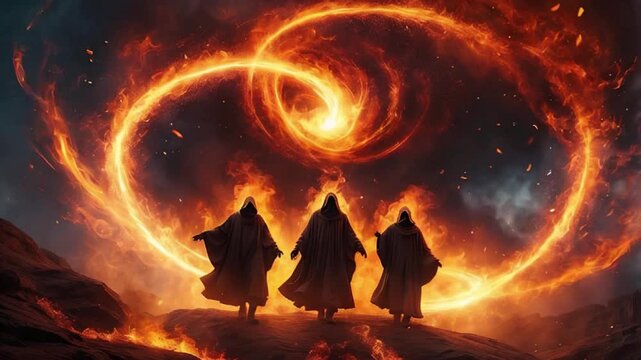 Shadrach, Meshach, and Abednego in the fiery furnace, depicted within a swirling nebula, highlighting their faith amidst trials