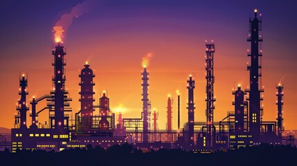 Obraz premium Industrial Refinery Silhouette at Sunset