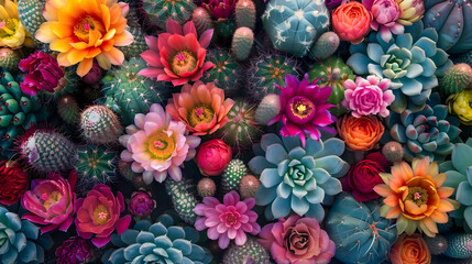 Desert cactus flowers - colorful petals from flowering southwestern cacti plants with copy space.