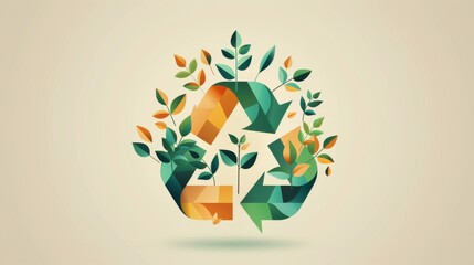 Generate a symbol for sustainable living that combines a recycling triangle with growing plants emerging from it