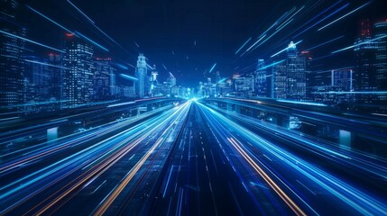 Abstract blue light trails on a highway, depicting speed an