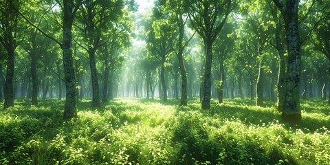 Obraz premium Sunlit forest with dense trees.