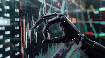A robotic hand interacts with a digital display filled with stock market data showcasing the power of automation in finance