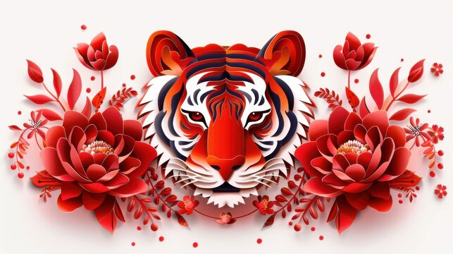 Lovely red tiger paper-cut window sticker with minimalist lines and a flat style, perfect for a festive Chinese New Year mood